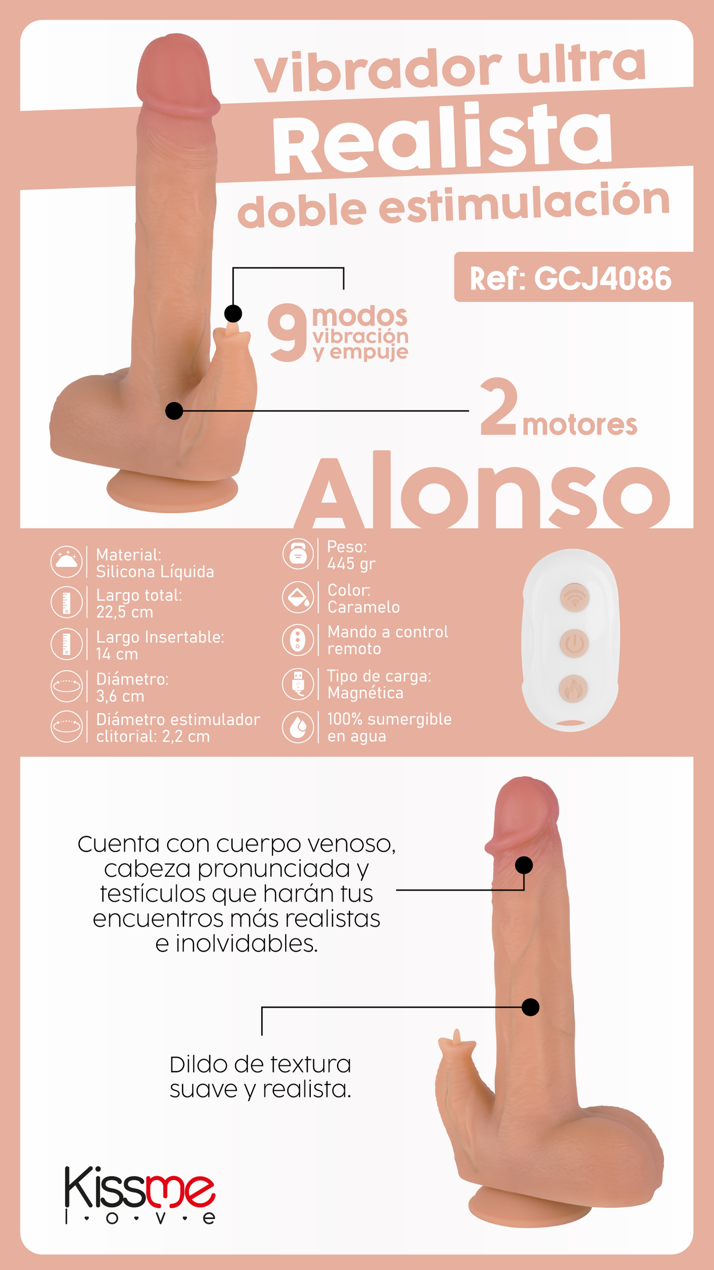 Vibrador a Control Remoto Ultra Realista Doble Estimulación Alonso KissMe Love